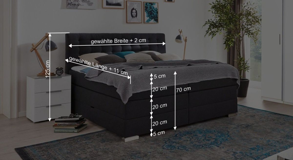Dieser Grafik können Sie alle wichtigen Maßangaben des Bettmodells entnehmen.