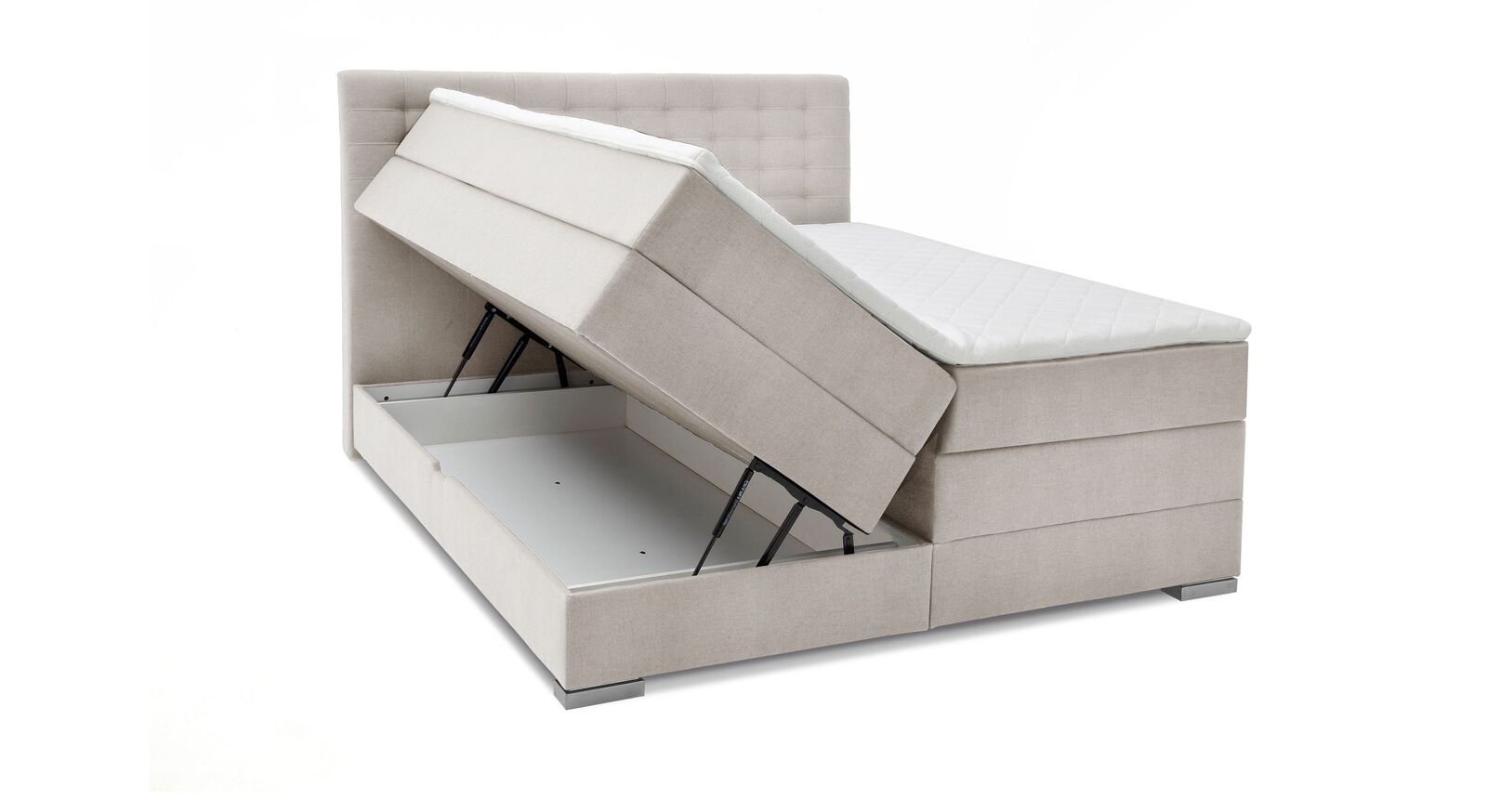 Als dezente Variante erhalten Sie das Boxspringbett "Agulo" beispielsweise mit beigefarbenem Velours-Webstoff.