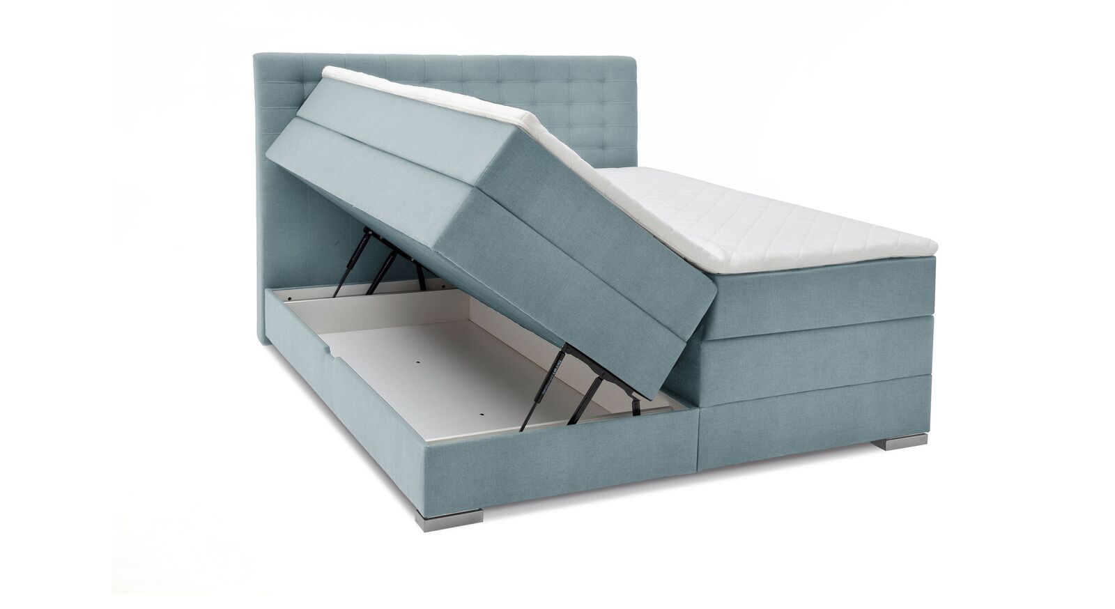 Einen modernen Charakter erhält das Bettkasten-Boxspringbett "Agulo" mit eisblauem Webstoff und Füßen in Edelstahloptik.