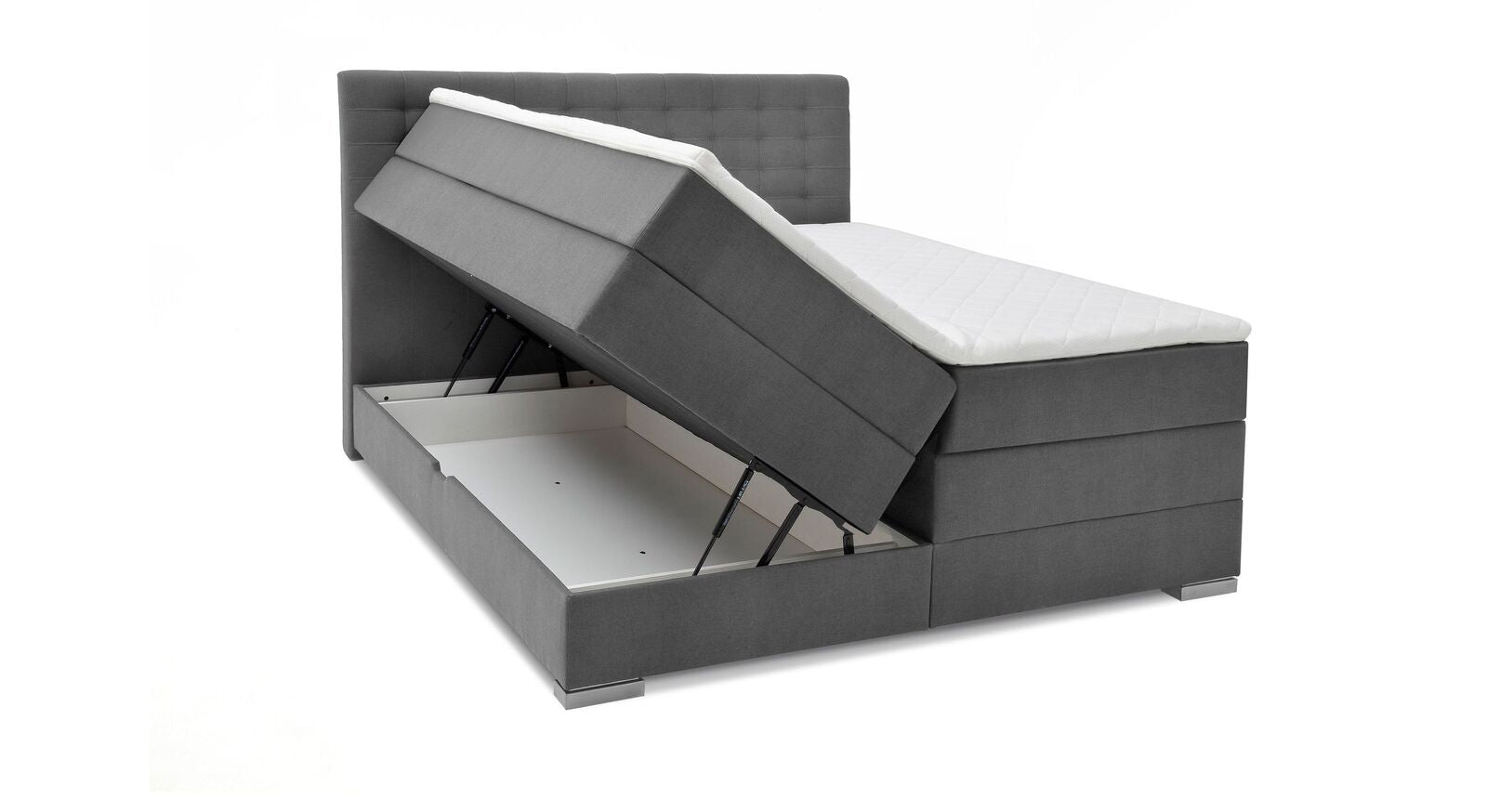 Klassisch schick und dezent: das Bettkasten-Boxspringbett "Agulo" – hier mit hellgrauem Velours-Webstoff und Beinen in Edelstahloptik.