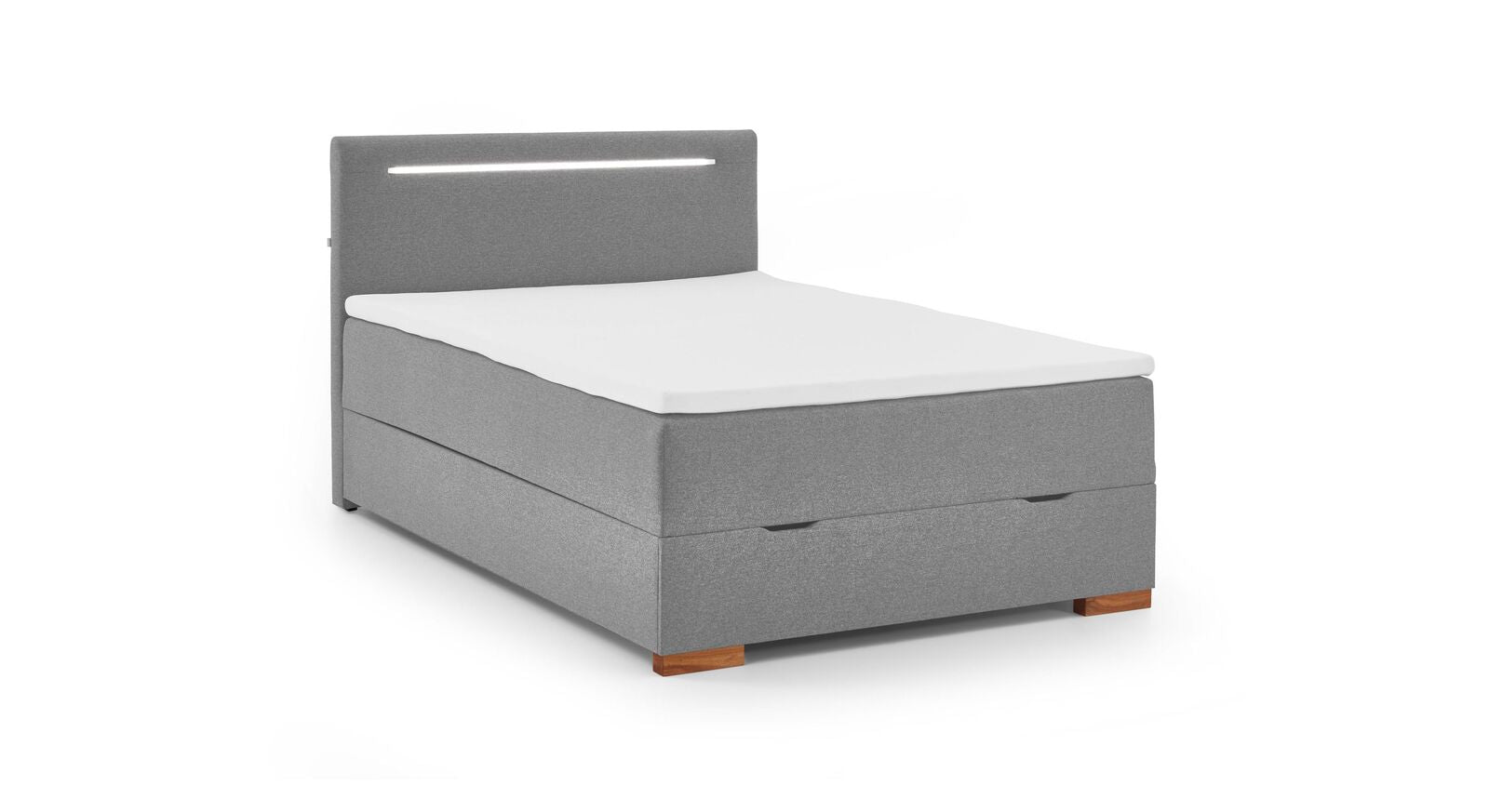 In den Ausführungen mit 120 cm und 140 cm Breite ist das Bettkasten-Boxspringbett "Duman" mit durchgehender Box und Matratze ausgestattet.