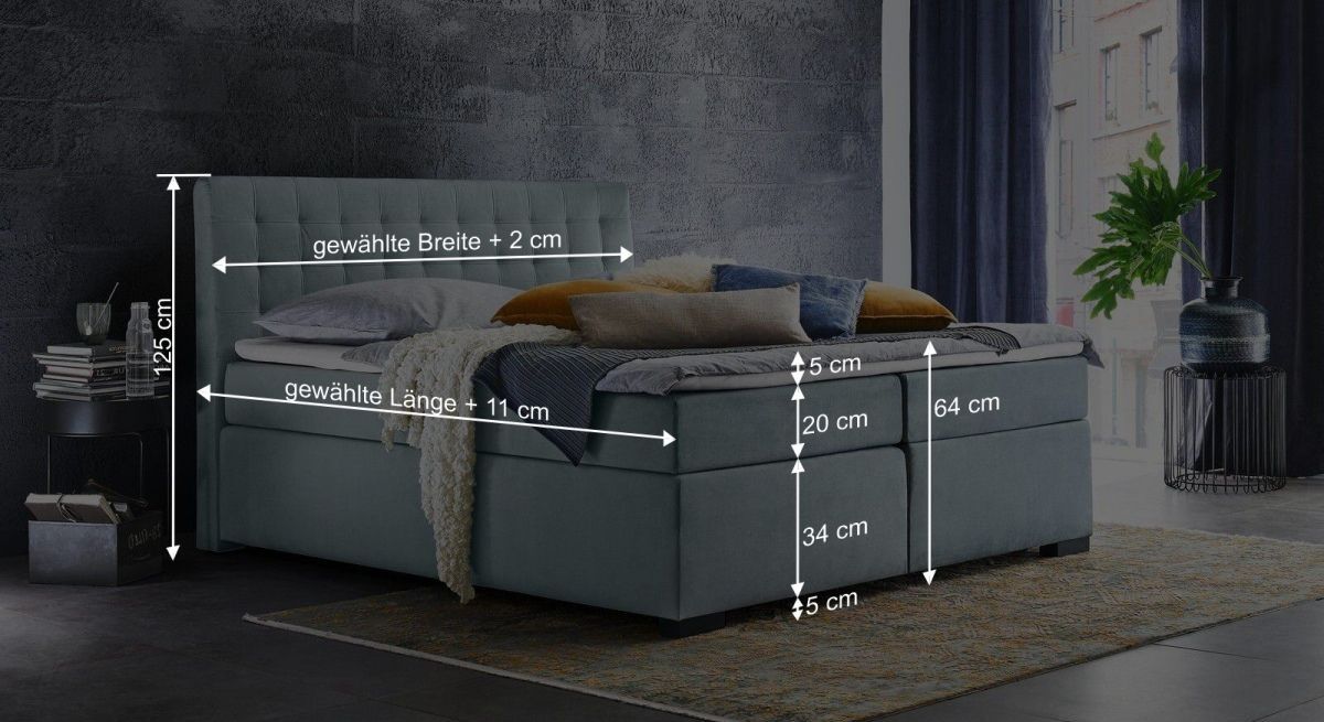 Dieser Grafik können Sie alle wichtigen Maßangaben des Bettmodells entnehmen.