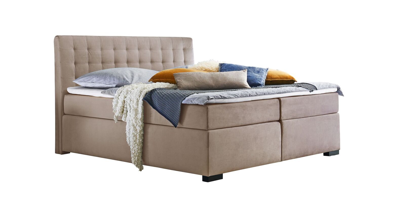 Warm und gemütlich: das Bettkasten-Boxspringbett "Edessa" in der Farbe Taupe.
