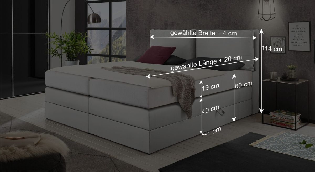 Dieser Grafik können Sie alle wichtigen Maßangaben des Bettmodells entnehmen.