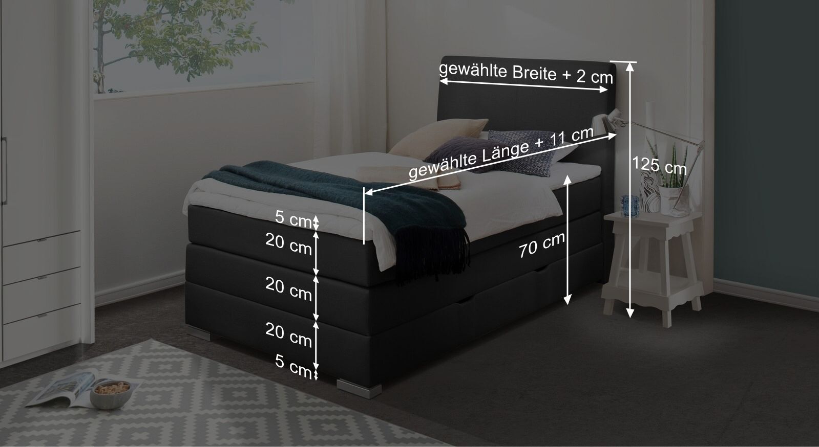 Diese Grafik zeigt alle wichtigen Maße des Bettkasten-Boxsrpingbettes "Ivetta".