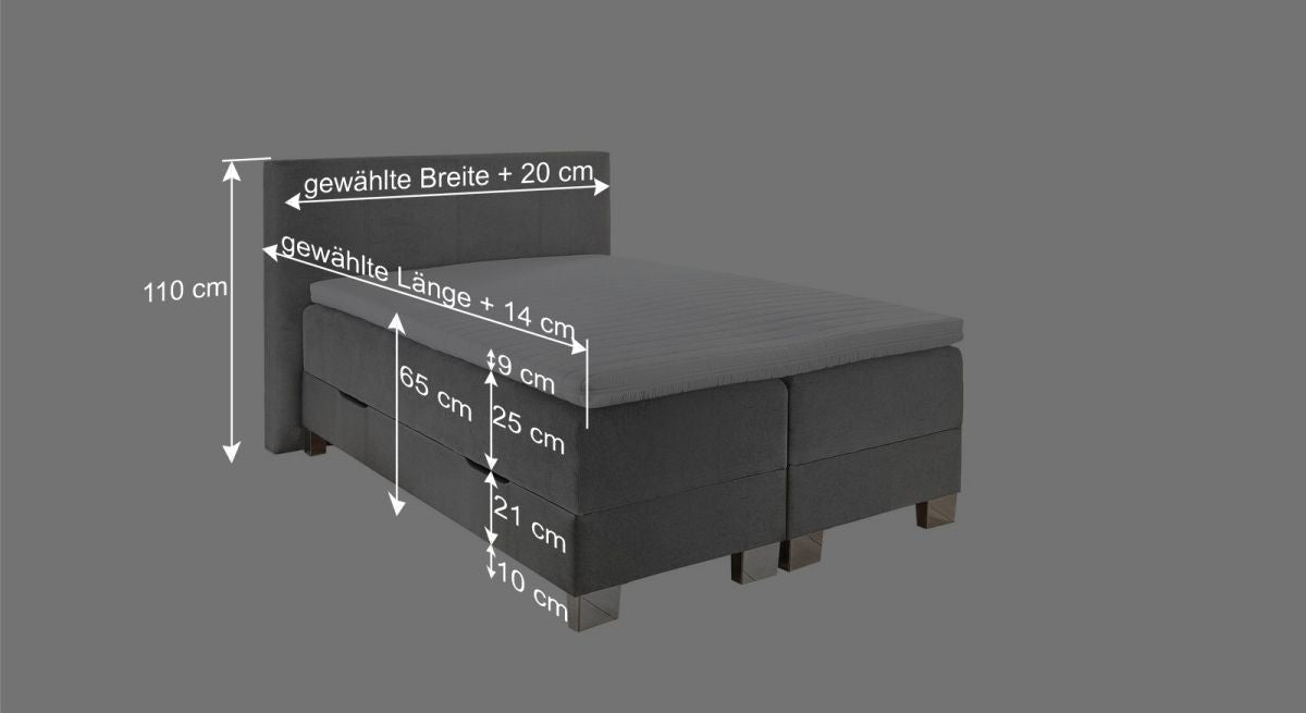 Dieser Grafik können Sie alle wichtigen Maßangaben des Bettmodells mit 140cm Breite entnehmen.