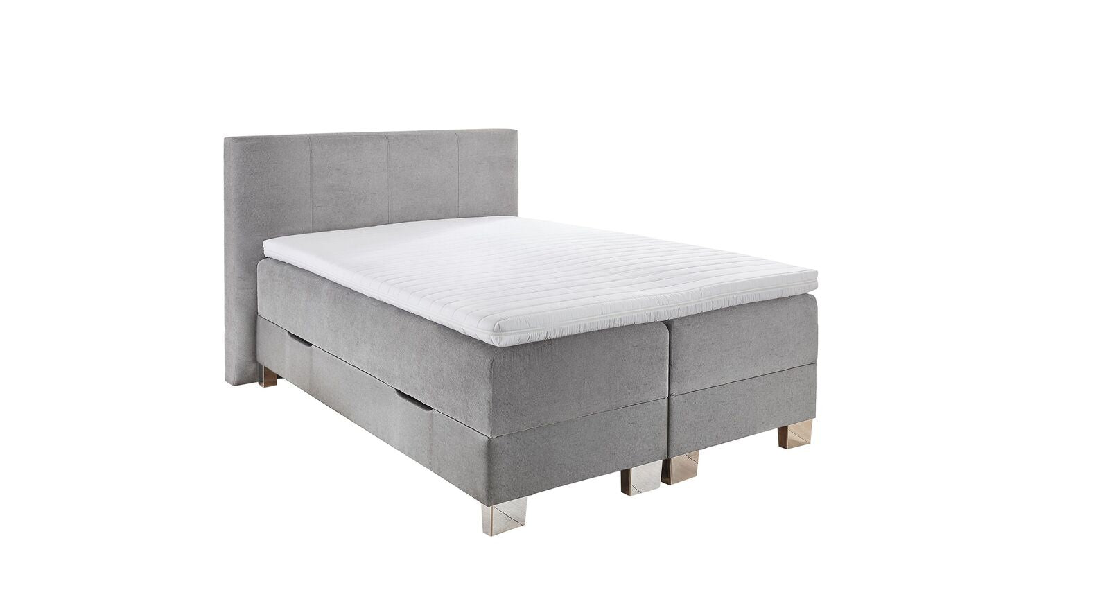 Das Bettkasten-Boxspringbett "Kenan" mit hellgrauem Webstoffbezug – hier in 140x200 cm.