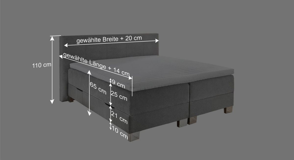 Dieser Grafik können Sie alle wichtigen Maßangaben des Bettmodells mit 180cm Breite entnehmen.
