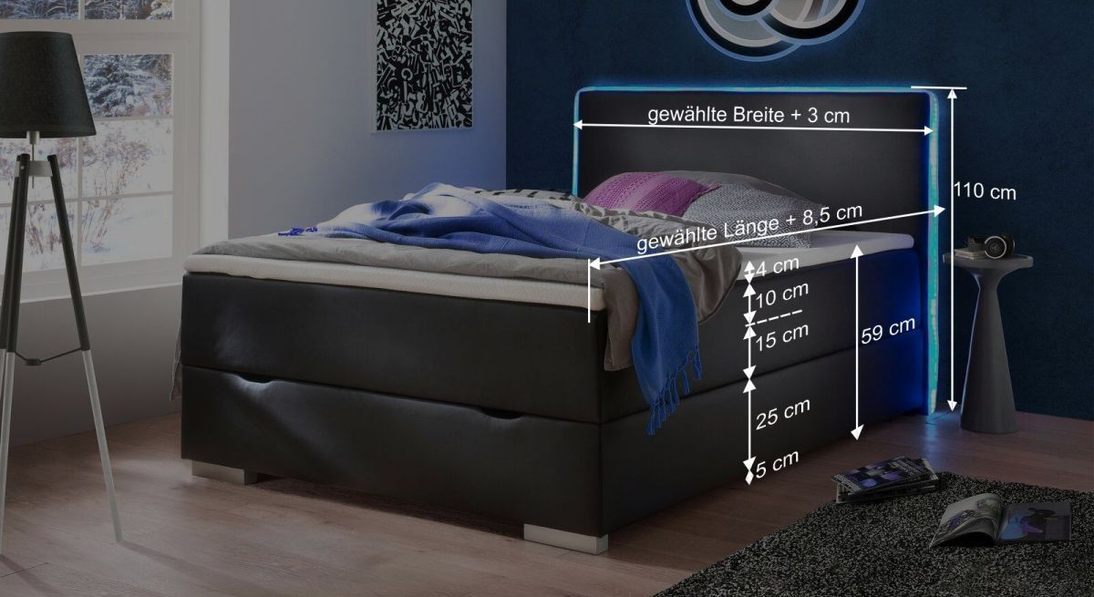 Dieser Grafik können Sie alle wichtigen Maßangaben des Bettmodells entnehmen.