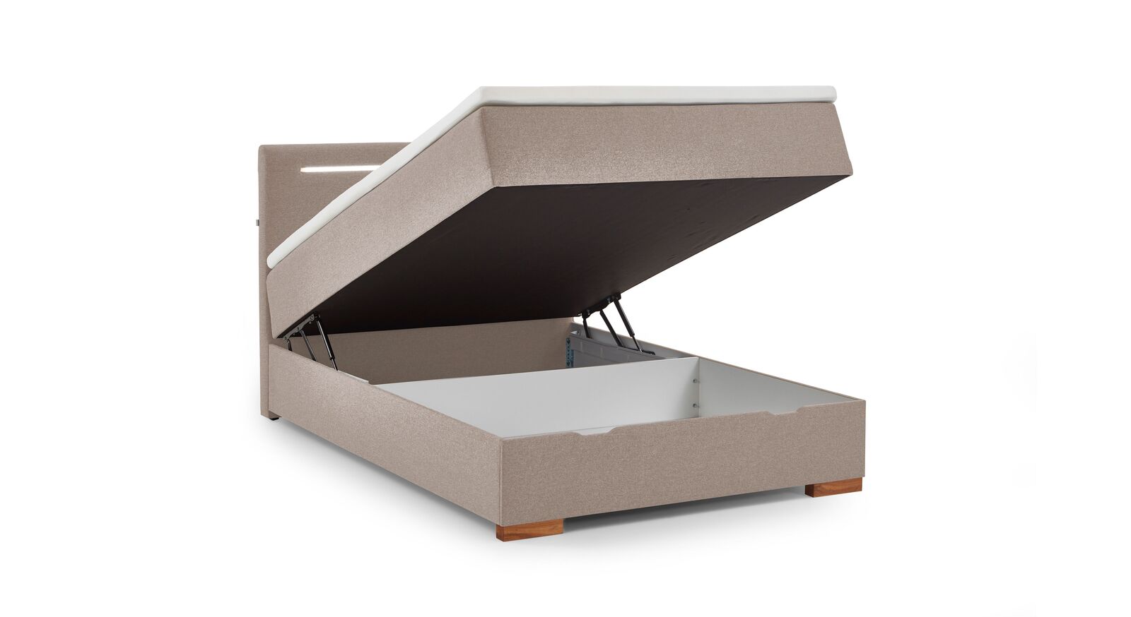 In den Breiten von 120 cm und 140 cm ist das smarte Bettkasten-Boxspringbett mit einem Bettkasten ausgestattet, der sich vom Fußende aus öffnen lässt.