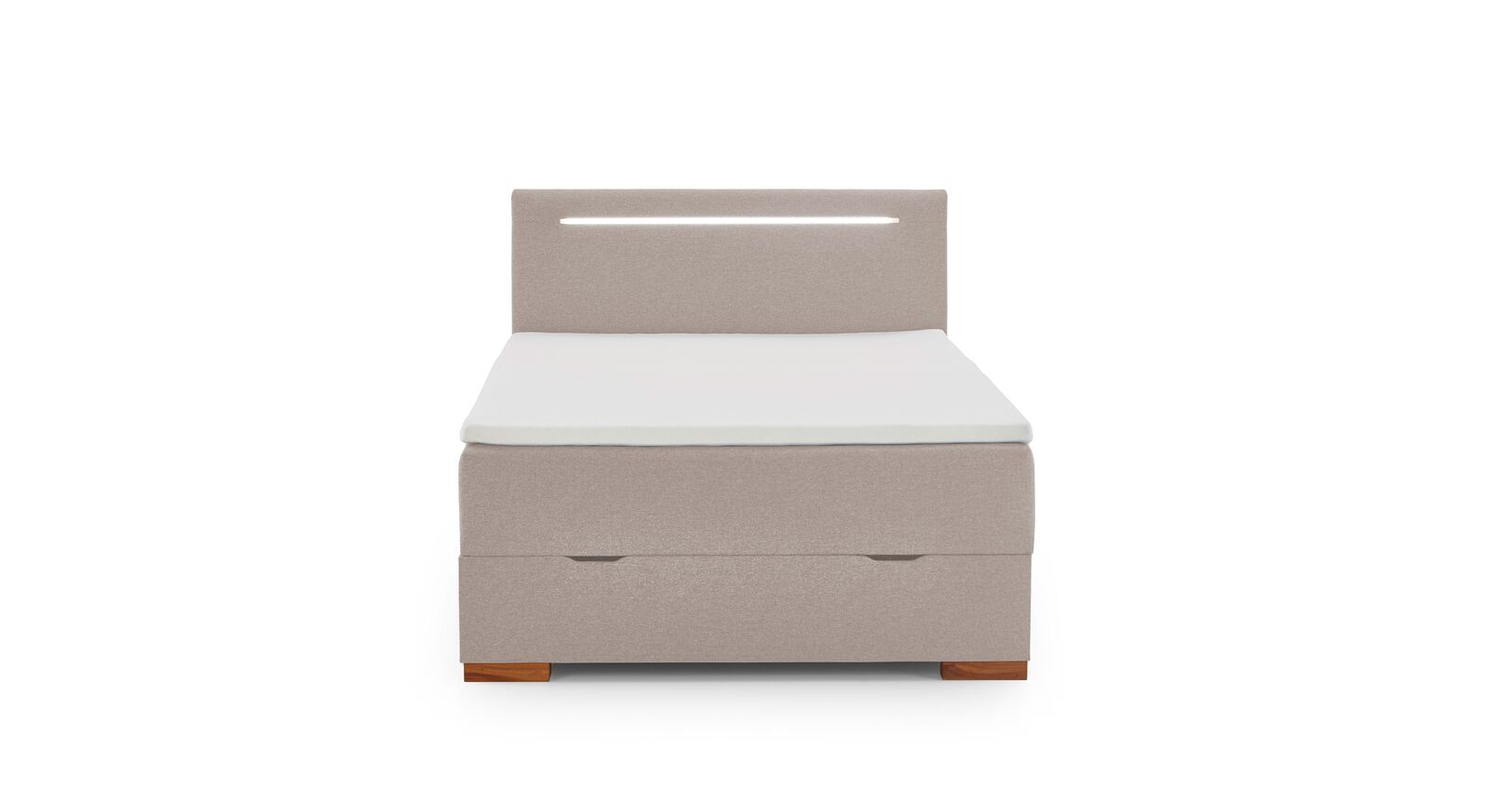 In den schmaleren Varianten ist das Bettkasten-Boxspringbett mit einer durchgehenden Matratzen ausgestattet.