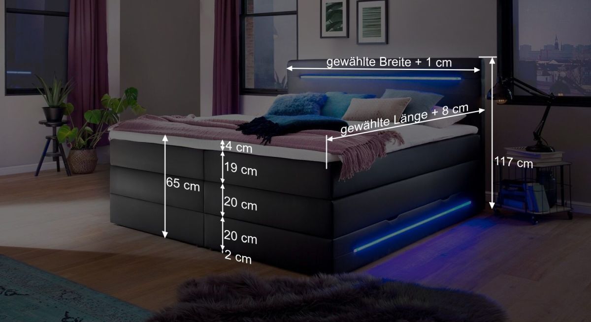 Dieser Grafik können Sie alle wichtigen Maßangaben des Boxspringbettes entnehmen.