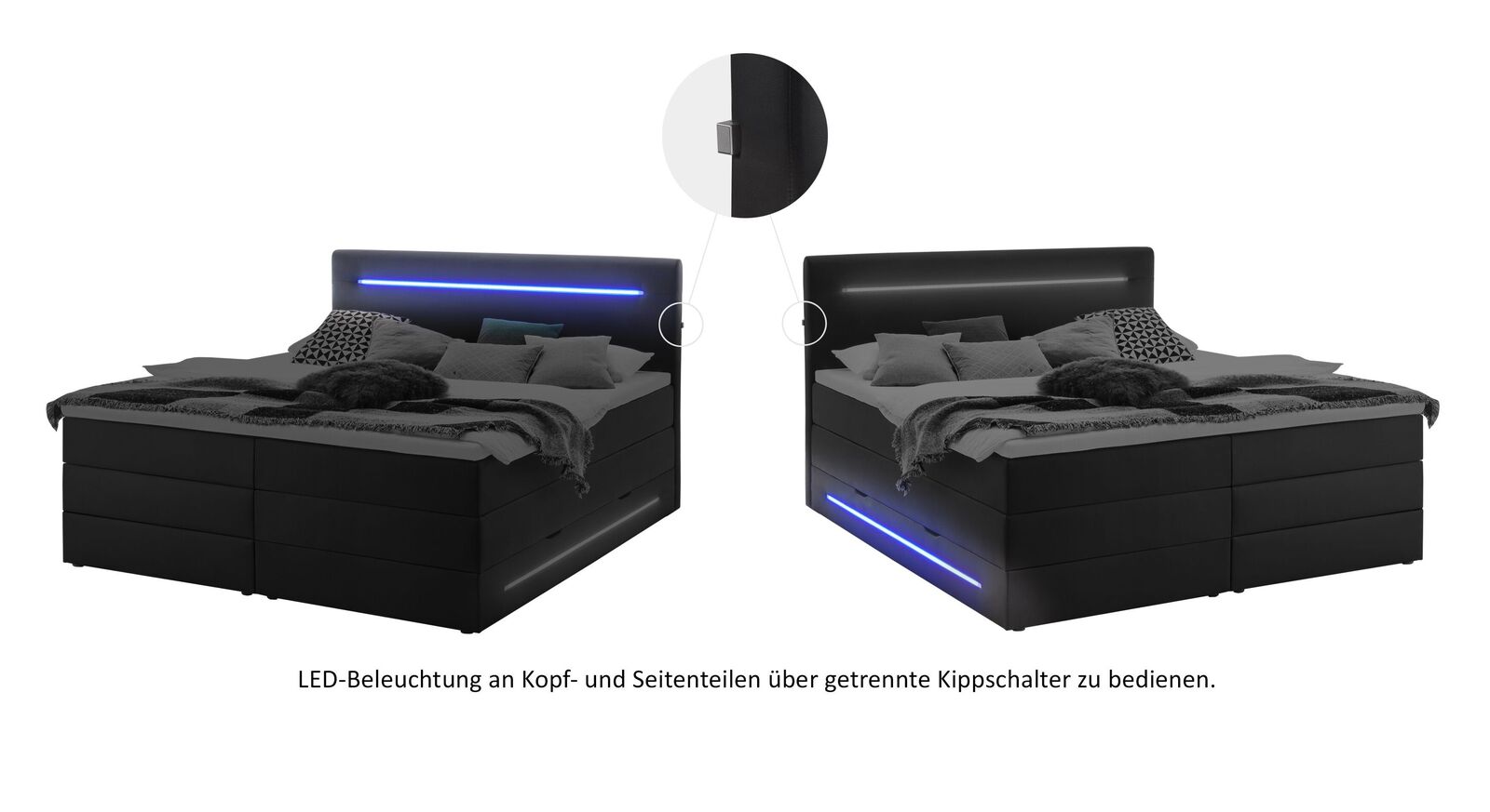 Die blaue LED-Beleuchtung wird über zwei Kippschalter am Kopfteil (je rechts und links) getrennt voneinander gesteuert.