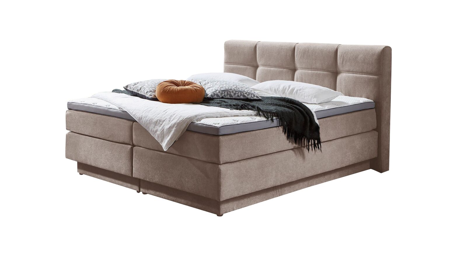 Das naturfarbene Bettkasten-Boxspringbett in 180x200 cm mit Webstoffbezug wird inklusive Boxen, Matratzen und Topper geliefert.