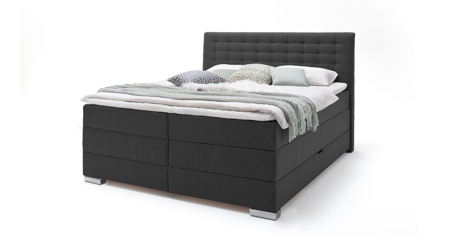 Das Bettkasten-Boxspringbett "Viviana" ist in zahlreichen Bezugsfarben und Fußvarianten lieferbar (hier in anthrazitfarbenem Webstoff mit Metallfüßen).