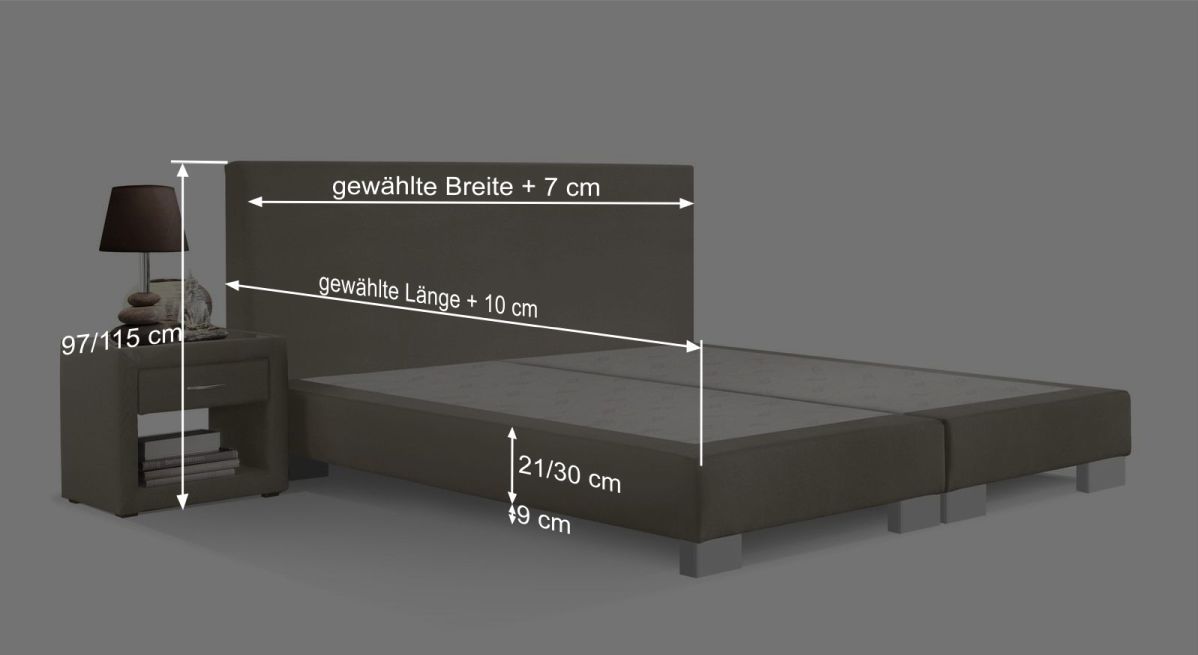 Dieser Grafik können Sie alle wichtigen Maßangaben des Bettmodells entnehmen.
