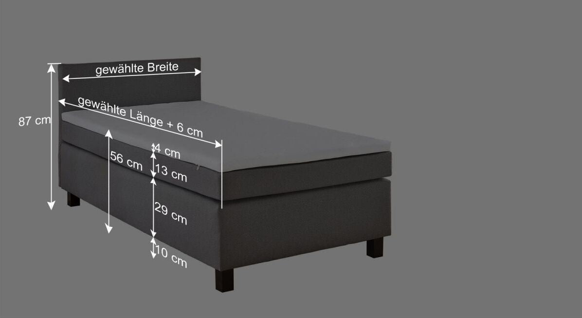 Dieser Grafik können Sie alle wichtigen Maßangaben des Bettmodells entnehmen.