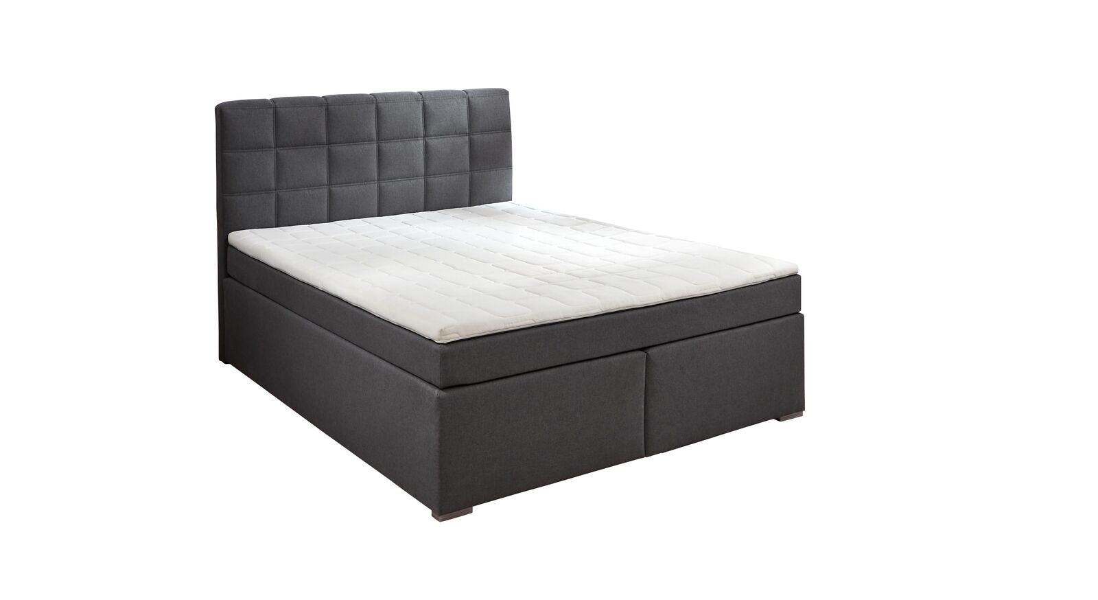 Das graue Boxspringbett "Arcadius" mit LED-Nachtlicht und gestepptem Kopfteil – hier in 140x200 cm.