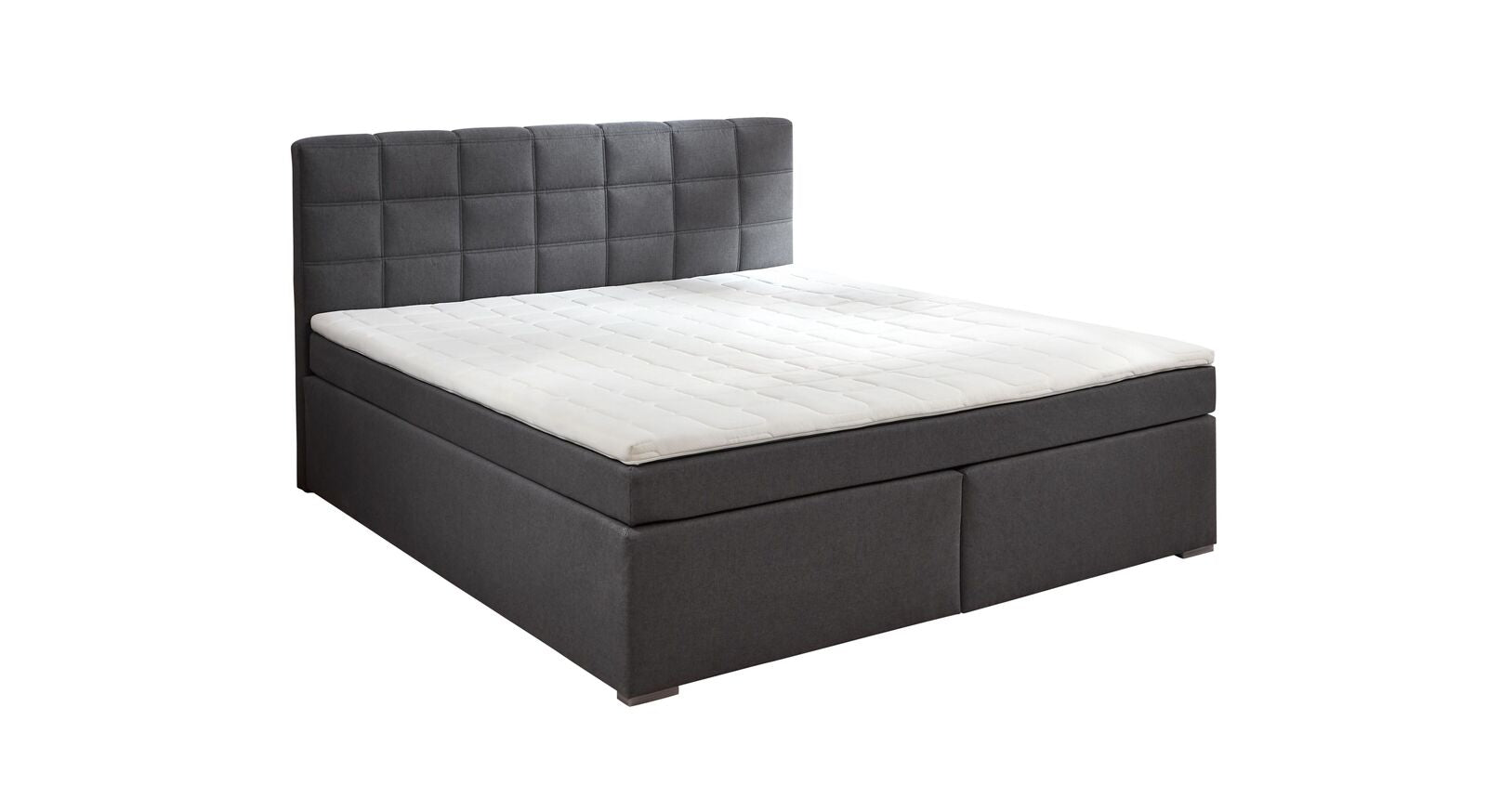 Das graue Boxspringbett "Arcadius" mit LED-Nachtlicht und gestepptem Kopfteil – hier in 180x200 cm.