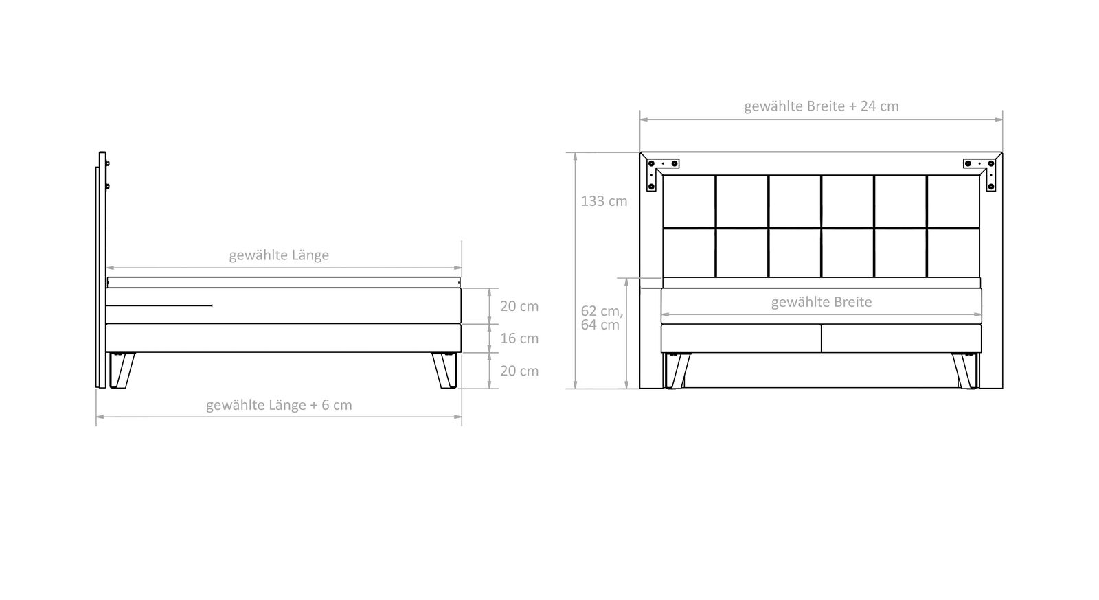 Die exakten Stellmaße des Boxspringbettes "Arnberg" können Sie dieser Grafik entnehmen.