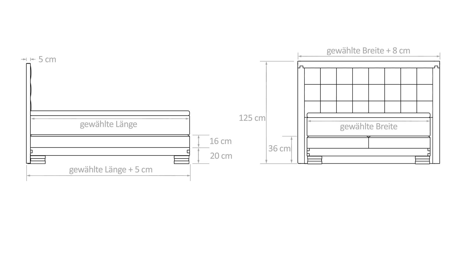 Dieser Grafik können Sie alle wichtigen Maßangaben des Bettmodells entnehmen.