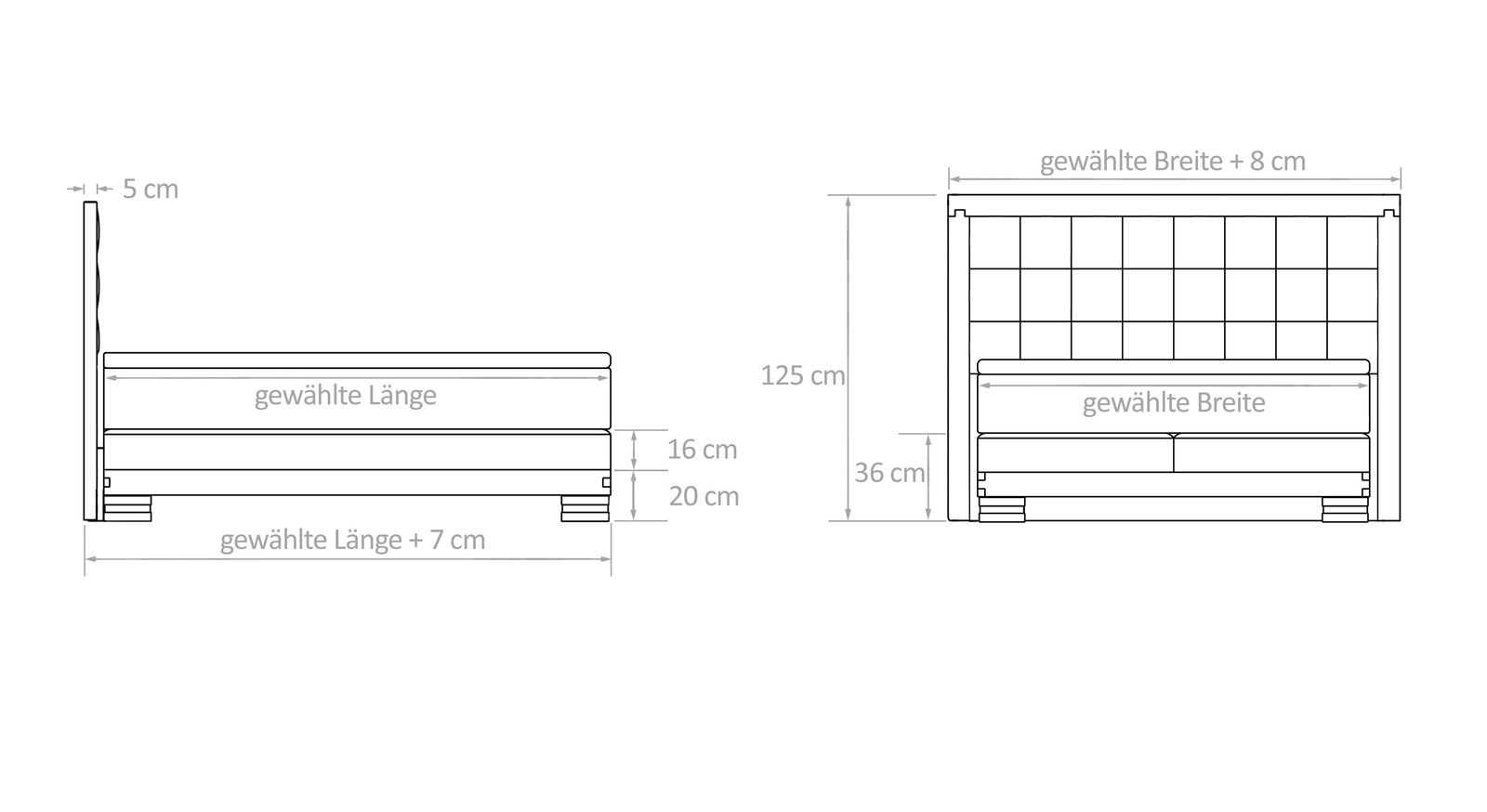 Dieser Grafik können Sie alle wichtigen Maßangaben des Bettmodells entnehmen.