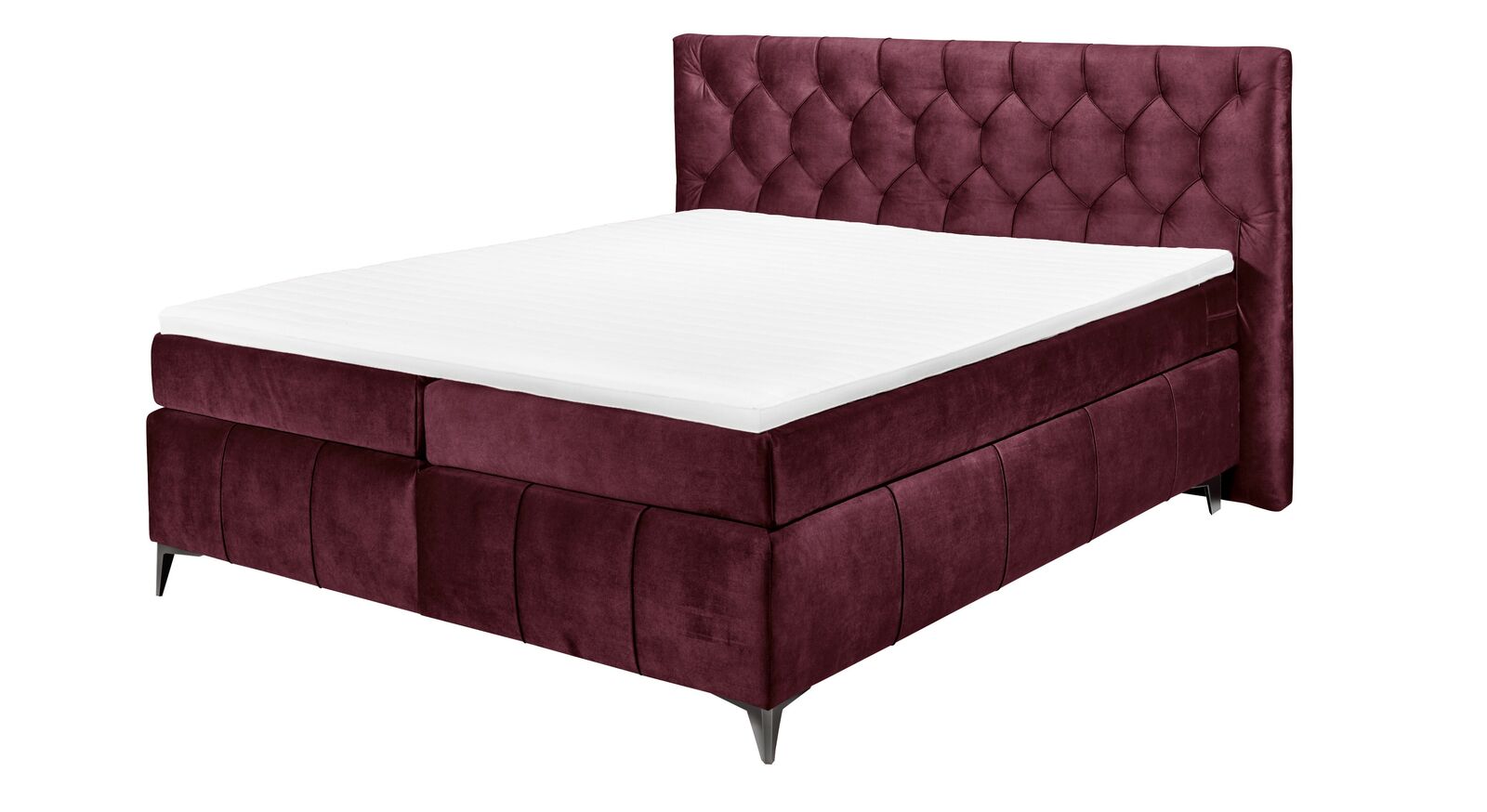 Das Boxspringbett "Bethany" mit burgundfarbenem Bezug ist für Personen bis 120 kg und für alle Schlafpositionen geeignet.