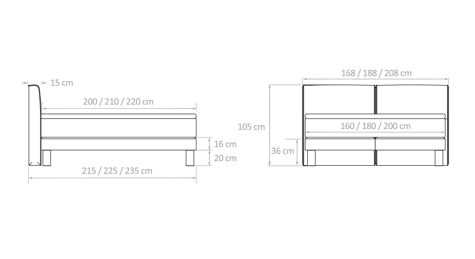 Diesen beiden Grafiken können Sie entnehmen, wie viel Stellfläche das Boxspringbett "Coro" benötigt.