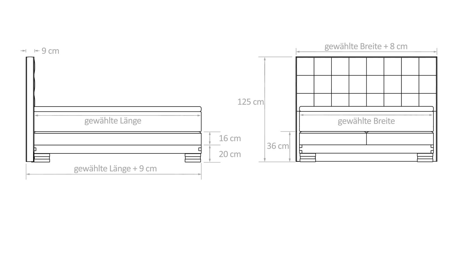 Dieser Grafik können Sie alle wichtigen Maßangaben des Bettmodells entnehmen.