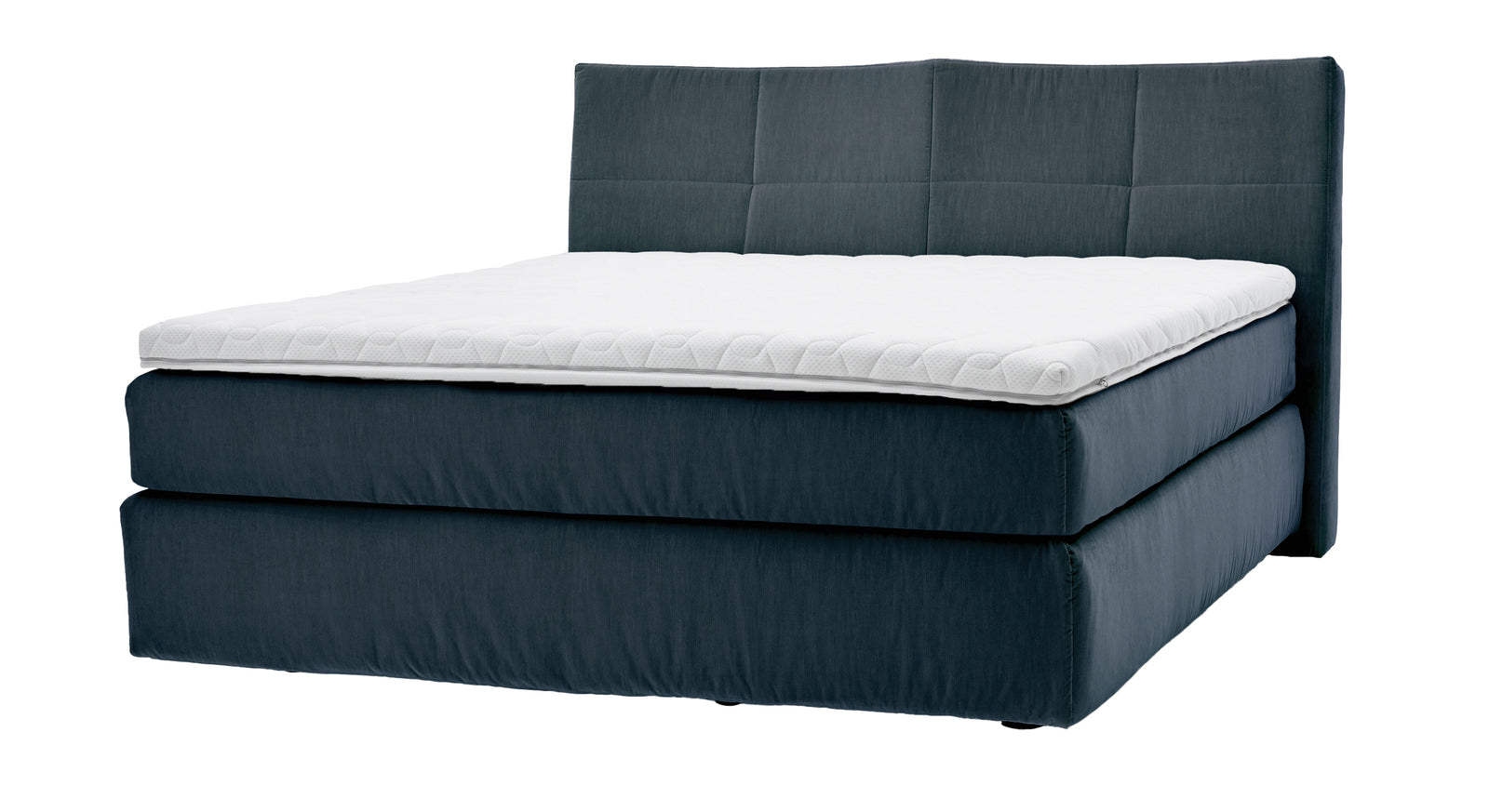 Das MUSTERRING Boxspringbett "Elias" JAB Kollektion Kopfteil geschwungen – hier in Dunkelblau.