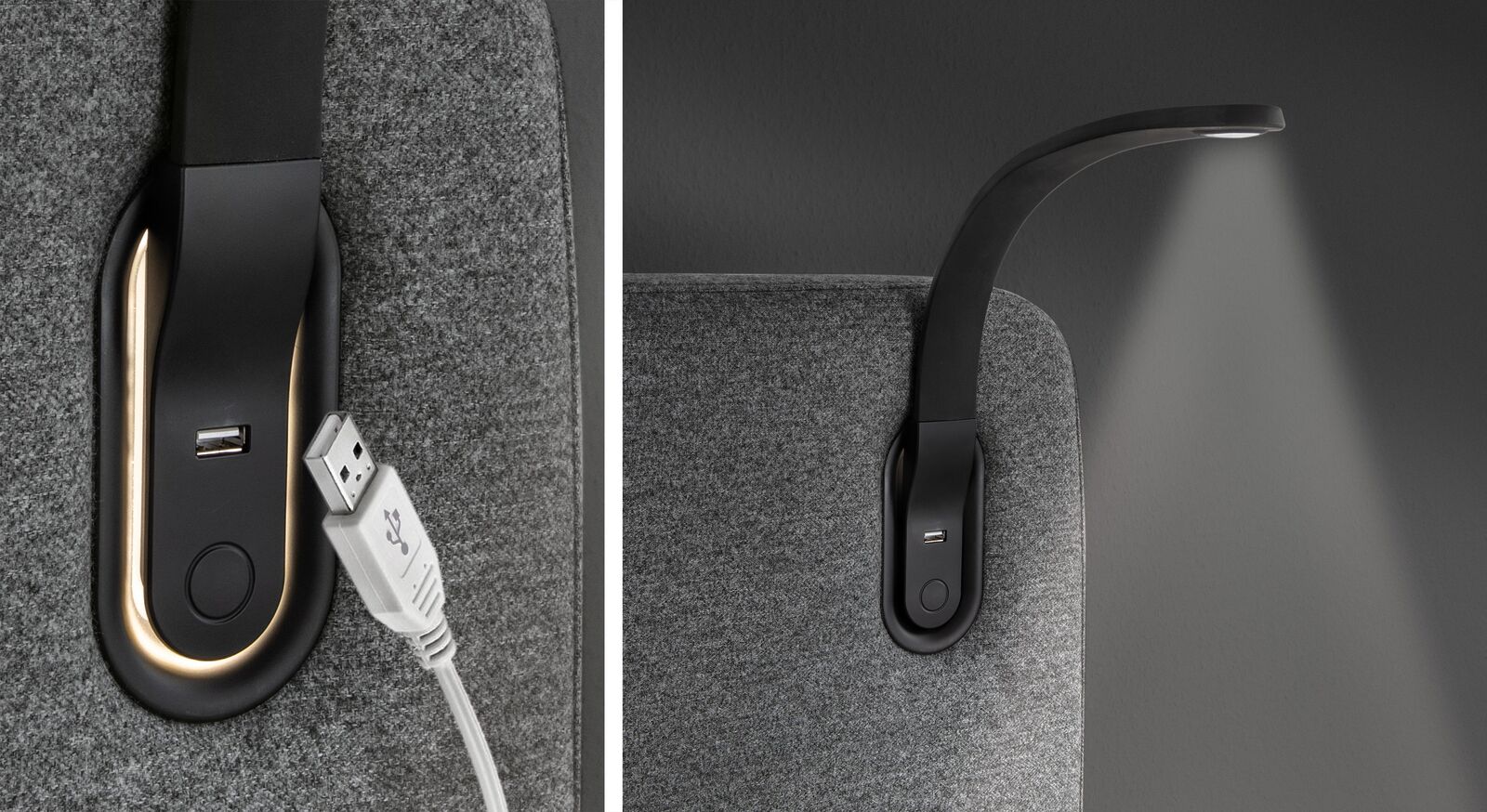 Das Orientierungslicht wird mit dem Knopf unterhalb des USB-Anschlusses bedient, das Leselicht hat einen separaten Schalter am Lampenkopf.