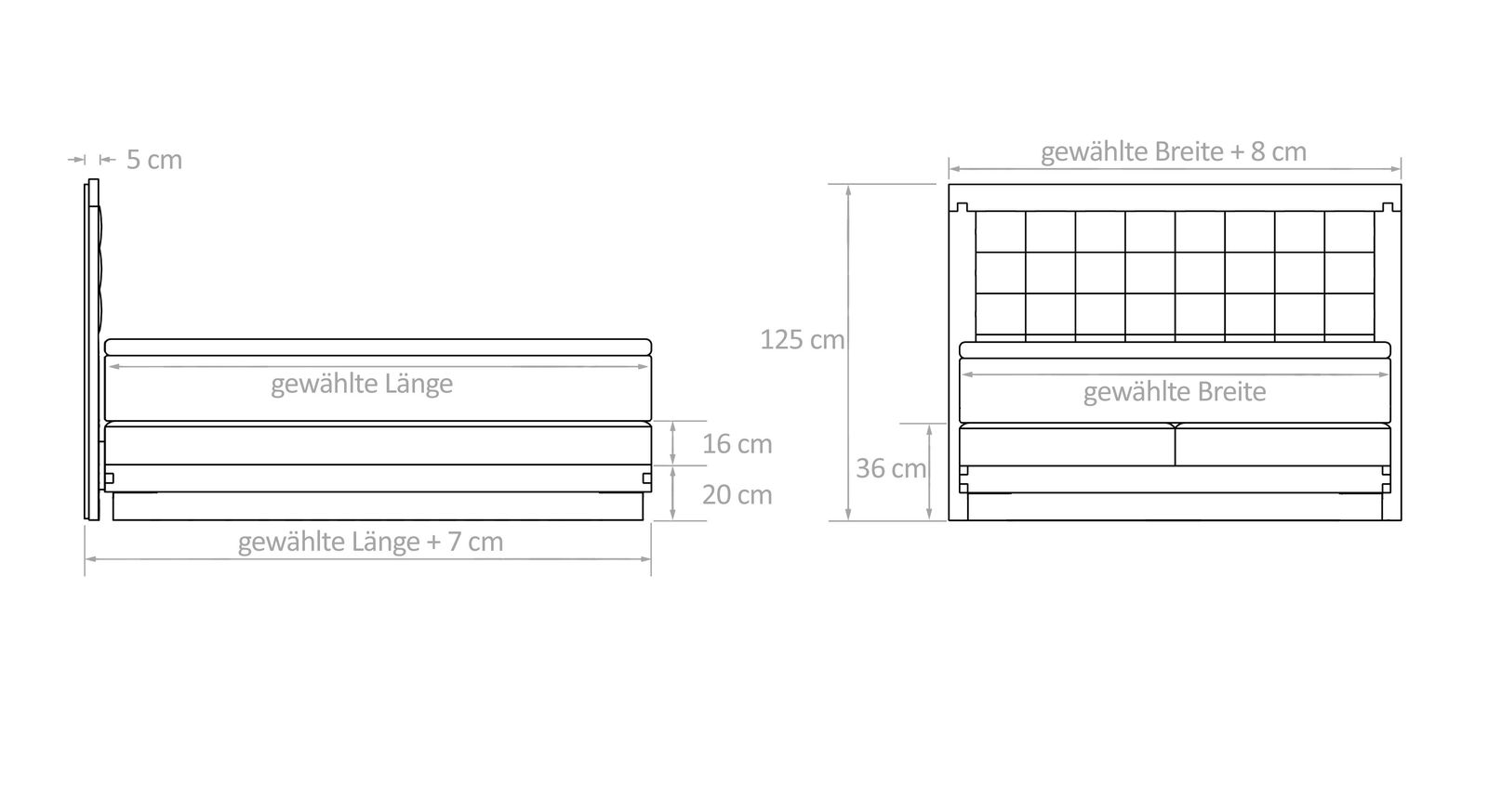 Dieser Grafik können Sie alle wichtigen Maßangaben des Bettmodells entnehmen.