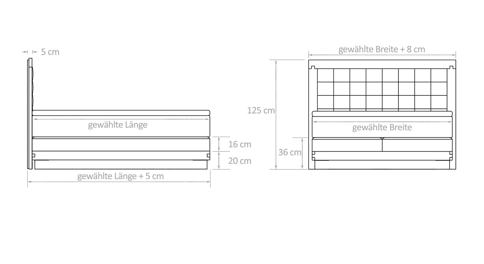 Dieser Grafik können Sie alle wichtigen Maßangaben des Bettmodells entnehmen.