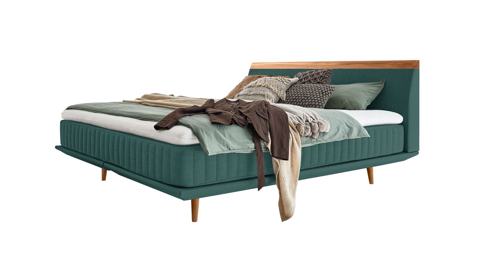 Das moderne Boxspringbett "Mavilla" ist in verschiedenen Größen und Farben lieferbar – hier in Türkis.