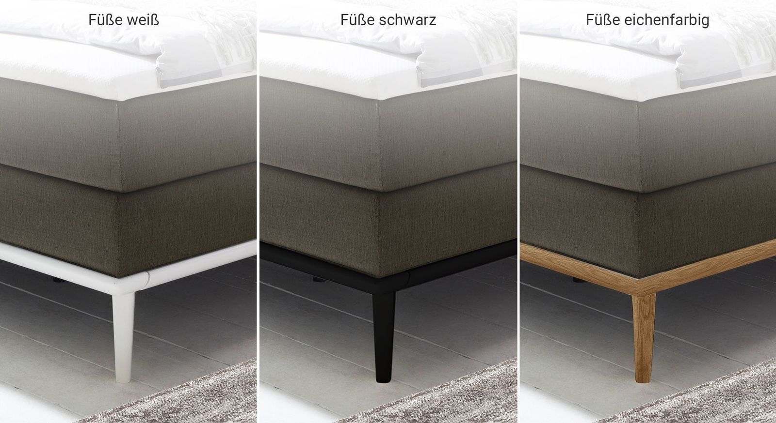 Sie erhalten die Massivholzfüße und -unterleisten in drei verschiedenen Farbausführungen.