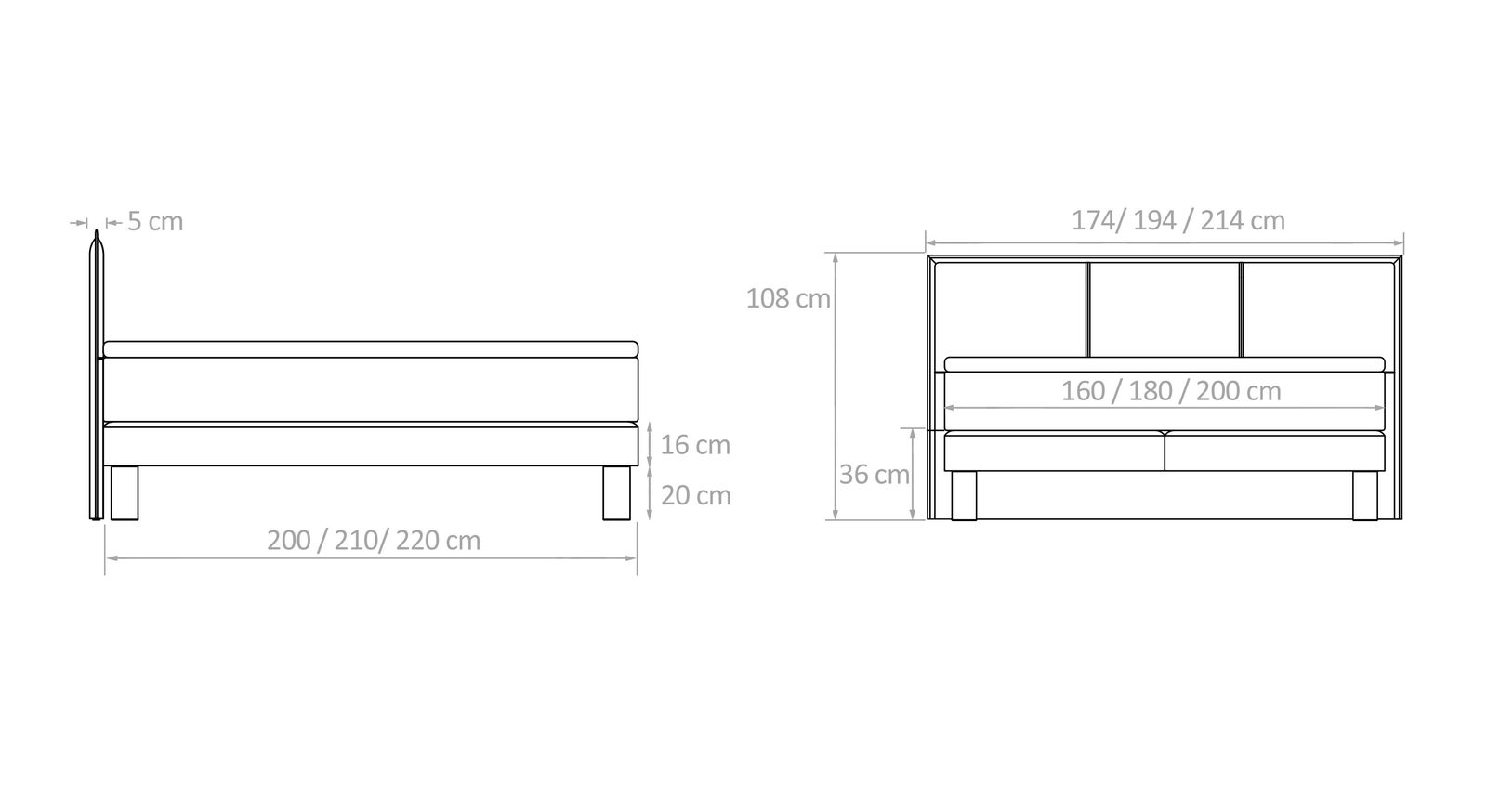 Die Maßangaben des geschmackvollen Boxspringbettes "Oss" haben wir in dieser Grafik für Sie aufgelistet.