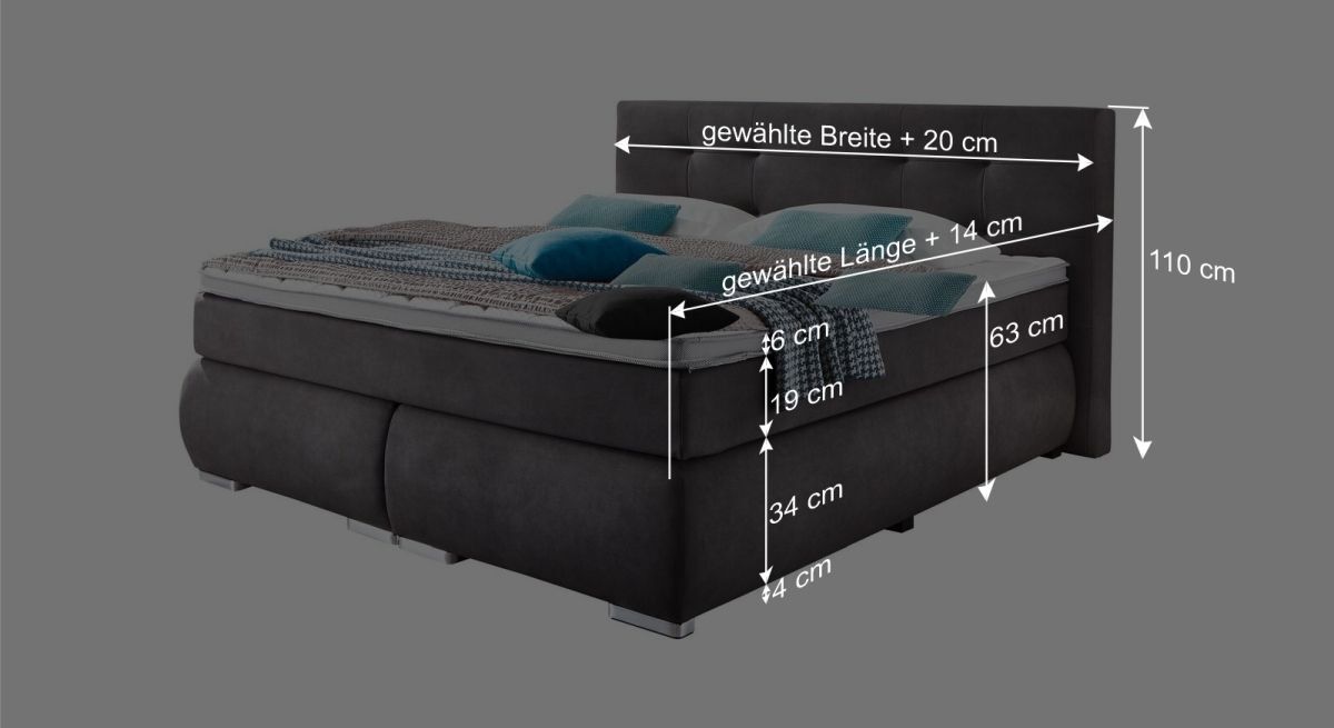 Dieser Grafik können Sie alle wichtigen Maßangaben des Bettmodells entnehmen.