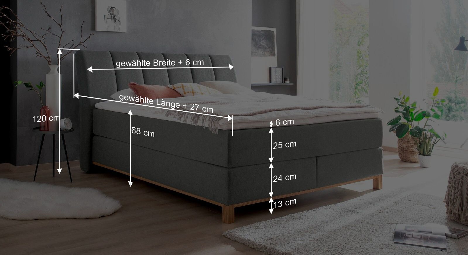 Dieser Grafik können Sie alle wichtigen Maßangaben des Bettmodells entnehmen.