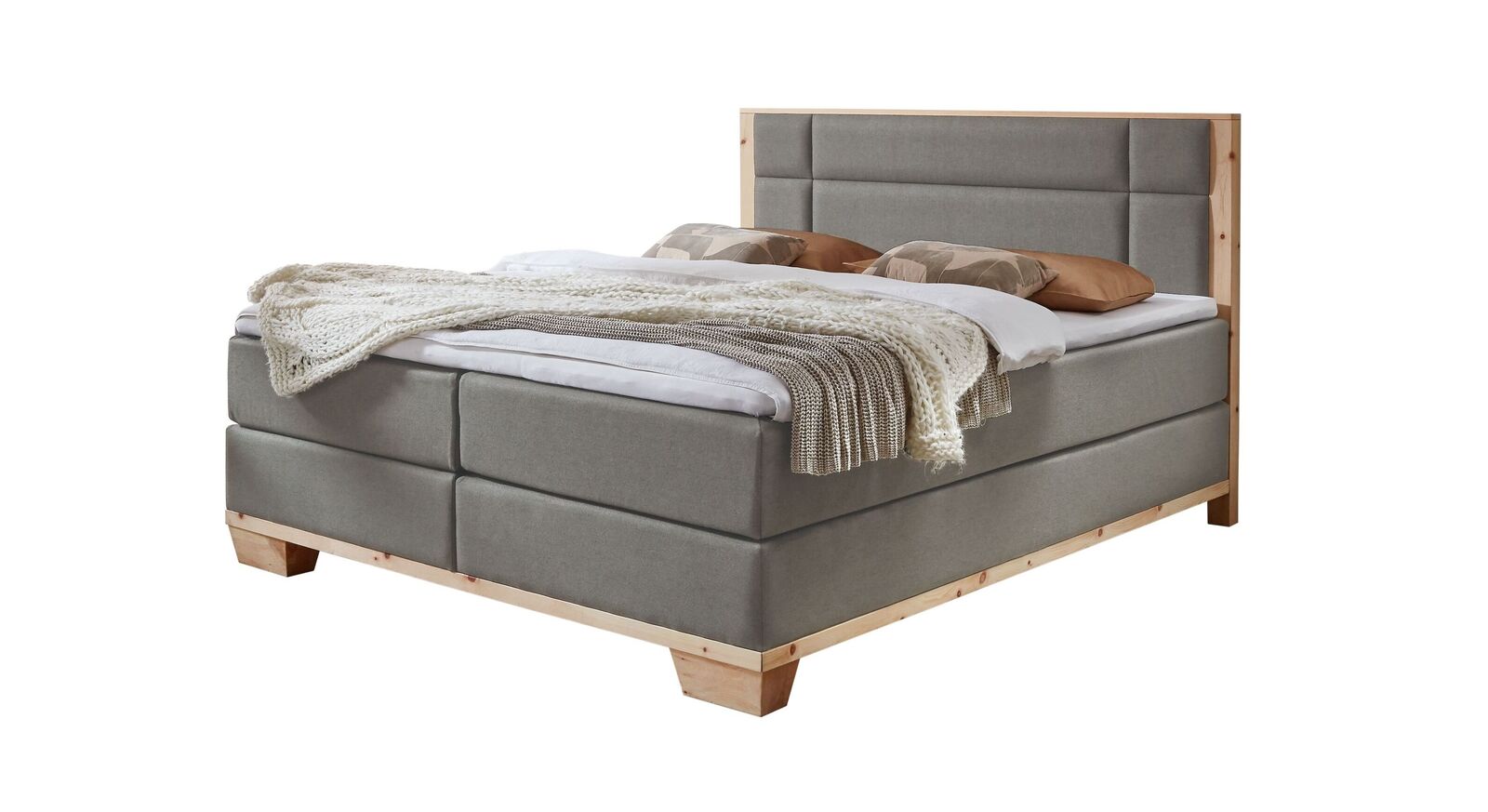 Das attraktive Boxspringbett "Salonetto" im modernen Design - hier mit hellgrauem Stoffbezug.