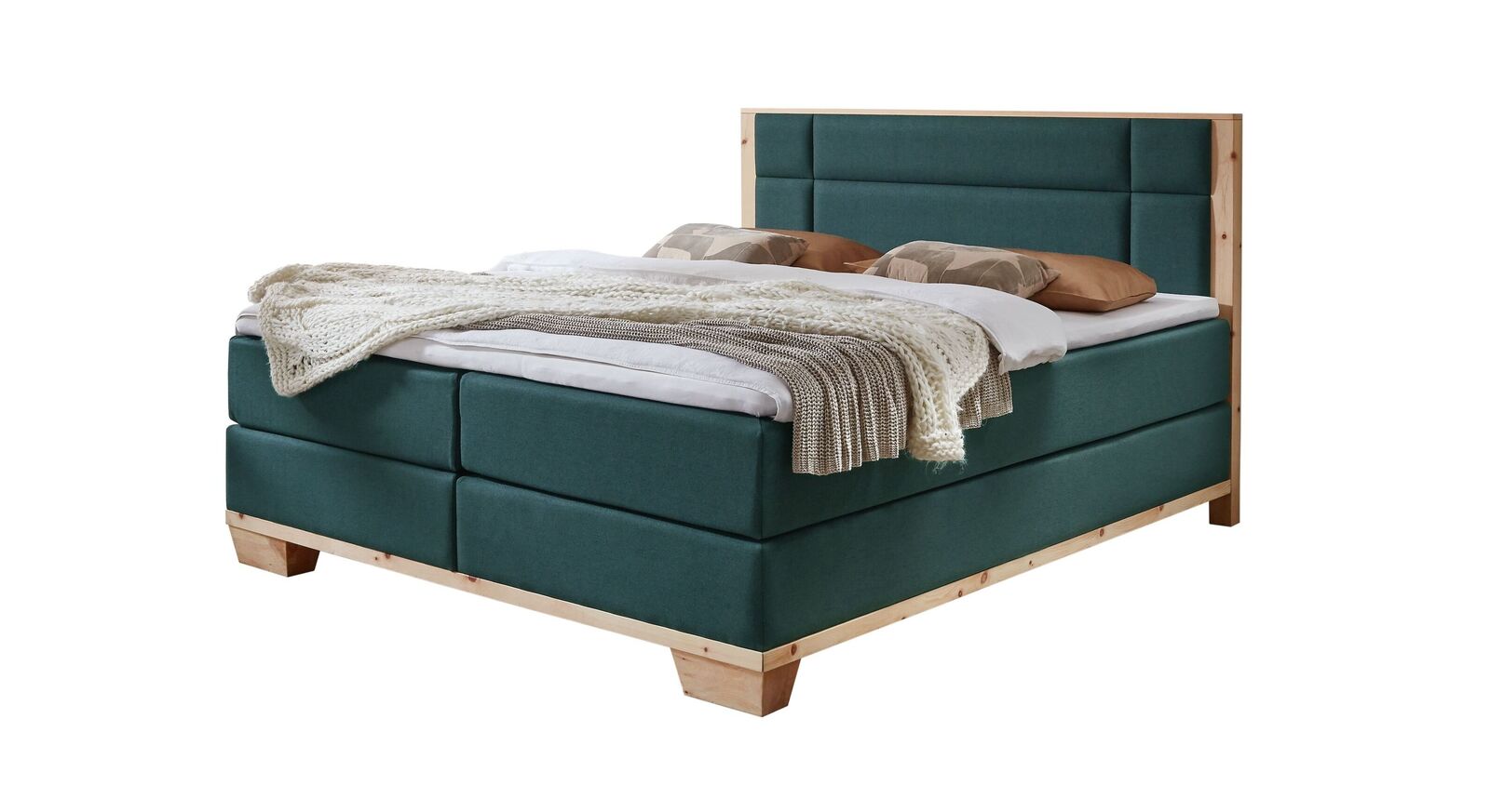 Das attraktive Boxspringbett "Salonetto" im modernen Design - hier mit petrolfarbenem Stoffbezug.