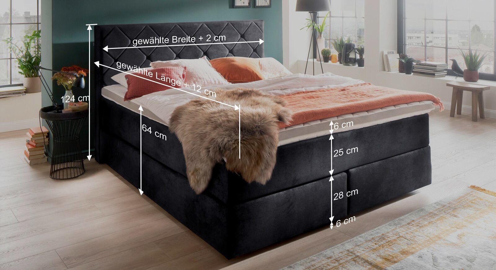 Dieser Grafik können Sie alle wichtigen Maßangaben des Bettmodells entnehmen.