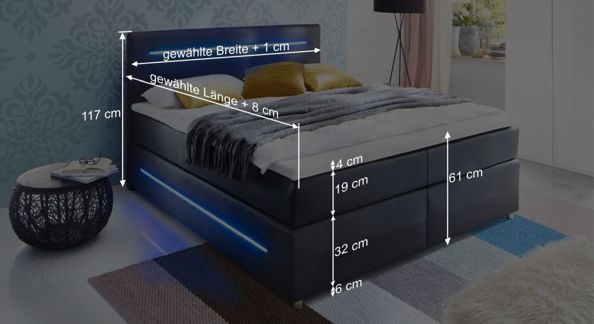 Dieser Grafik können Sie alle wichtigen Maßangaben des Boxspringbettes entnehmen.