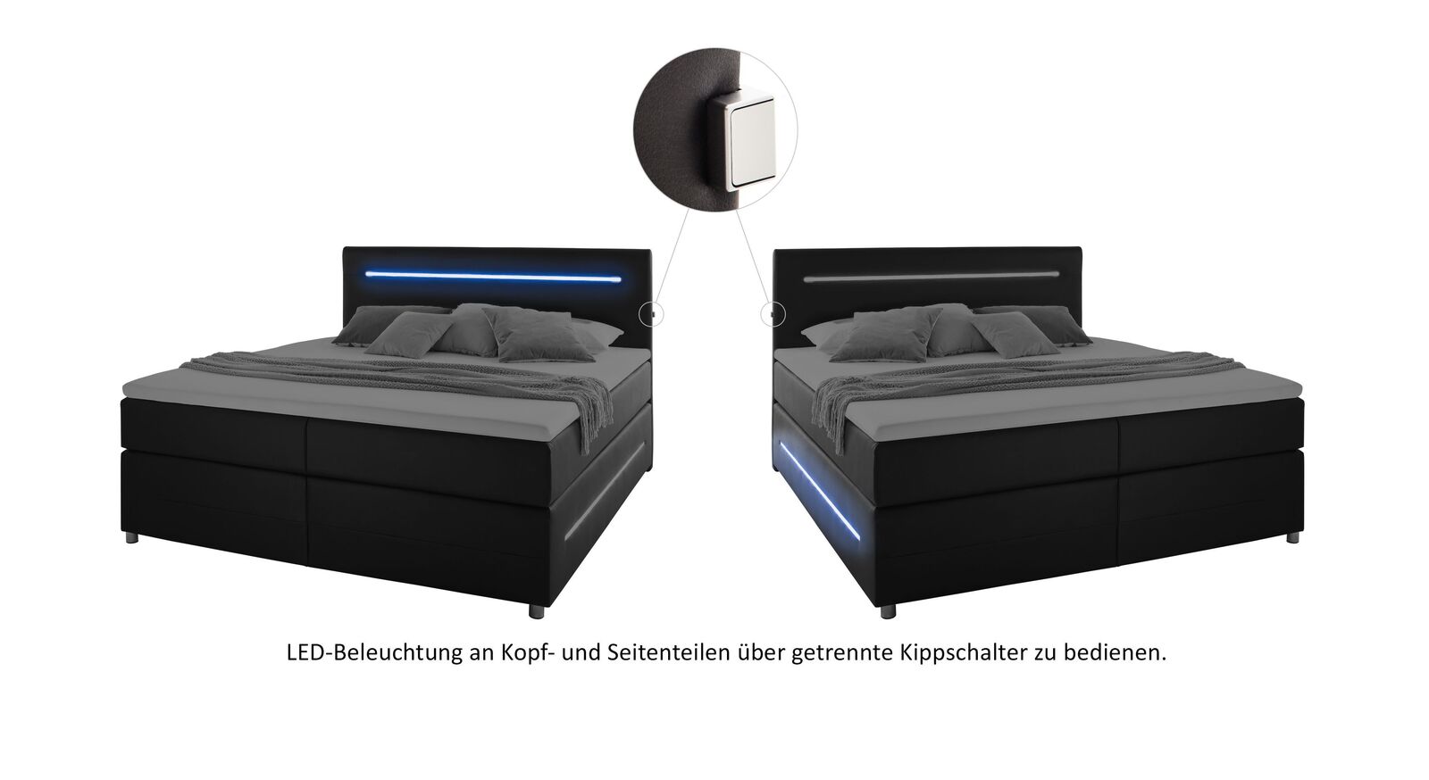 Die blaue LED-Beleuchtung wird über zwei Kippschalter am Kopfteil (je rechts und links) getrennt voneinander gesteuert.
