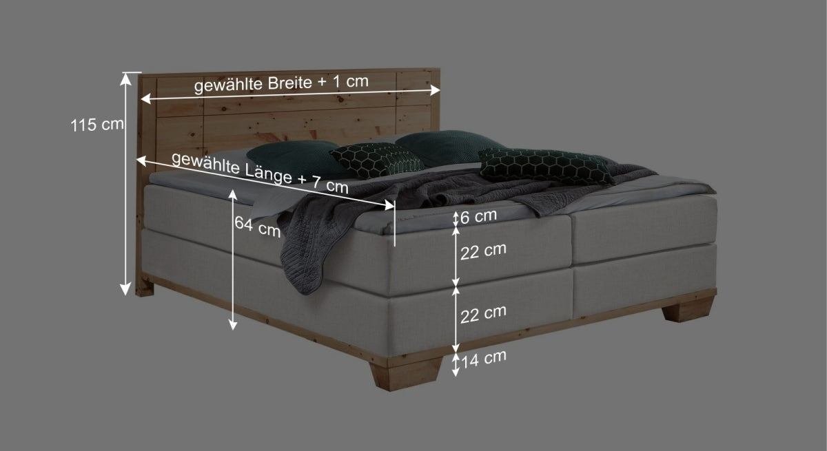 Dieser Grafik können Sie die wichtigsten Maße des Bettmodells entnehmen.