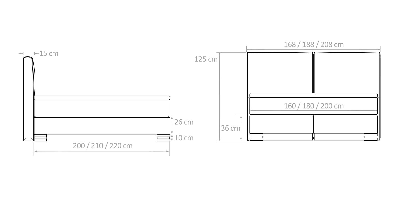 Sämtliche Maßangaben zum Boxspringbett "Tholen" können Sie dieser Abbildung entnehmen.