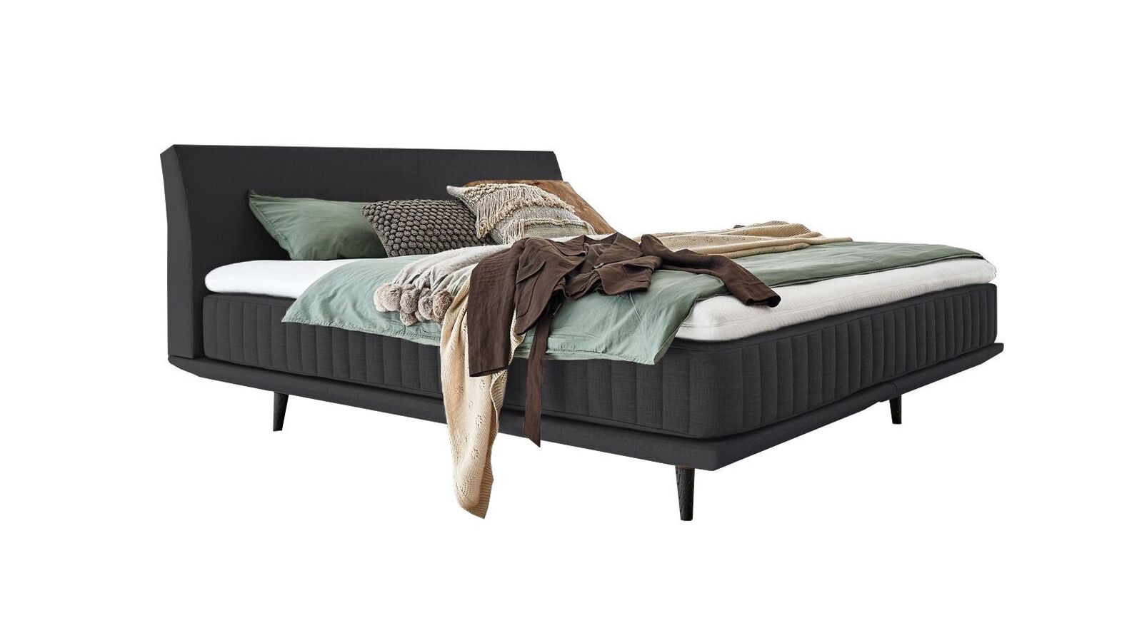 Das elegante Boxspringbett "Valtor" – hier mit einem Webstoffbezug in Anthrazit.