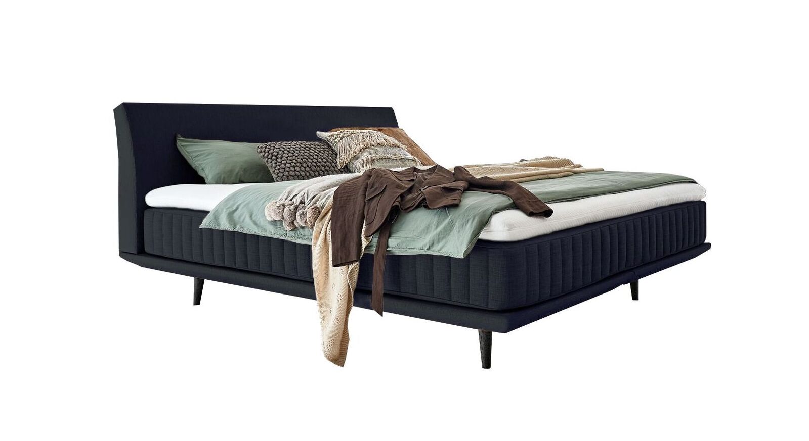 Das elegante Boxspringbett "Valtor" – hier mit einem Webstoffbezug in Petrol.