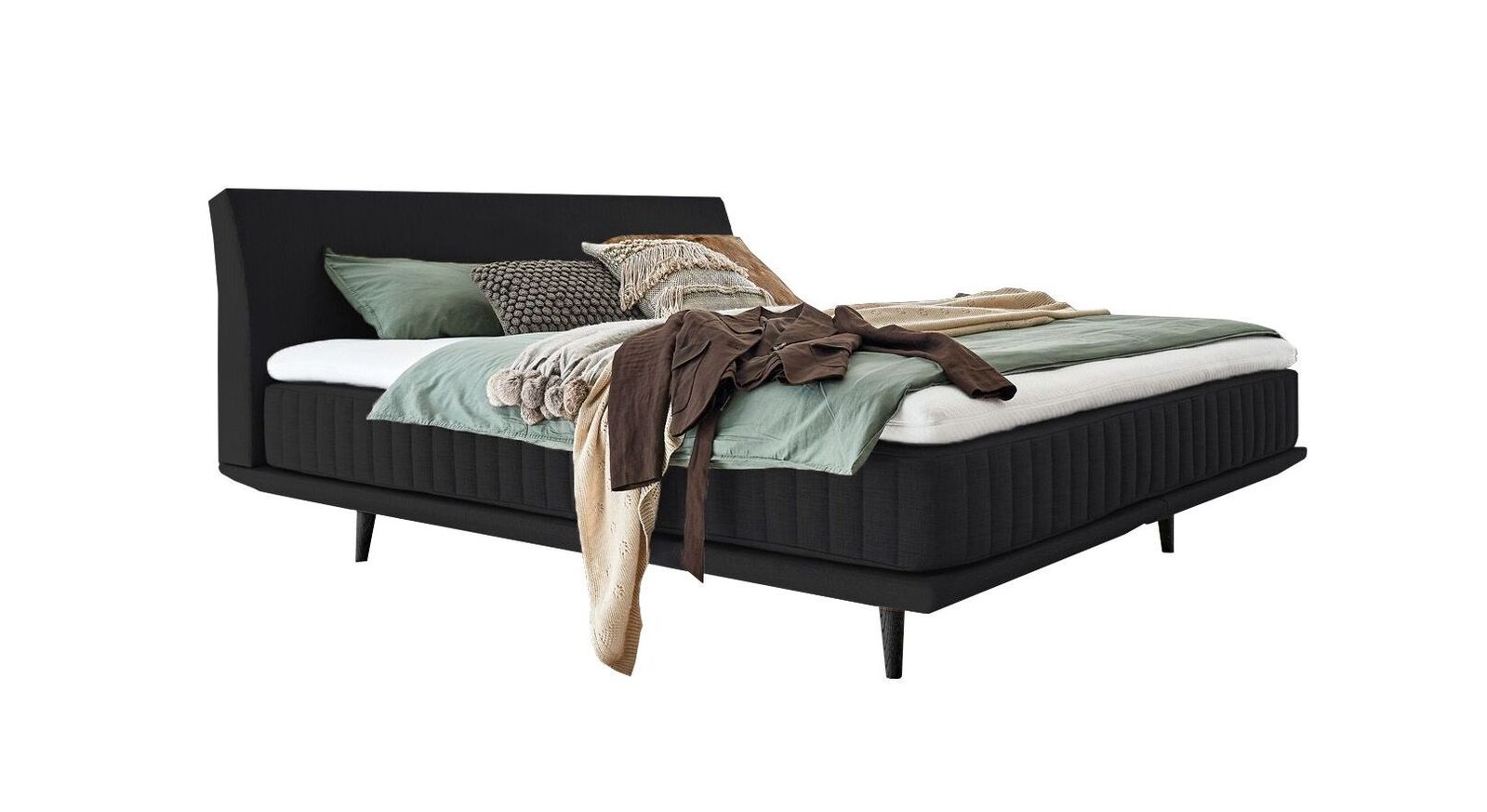 Das elegante Boxspringbett "Valtor" – hier mit einem Webstoffbezug in Schwarz.