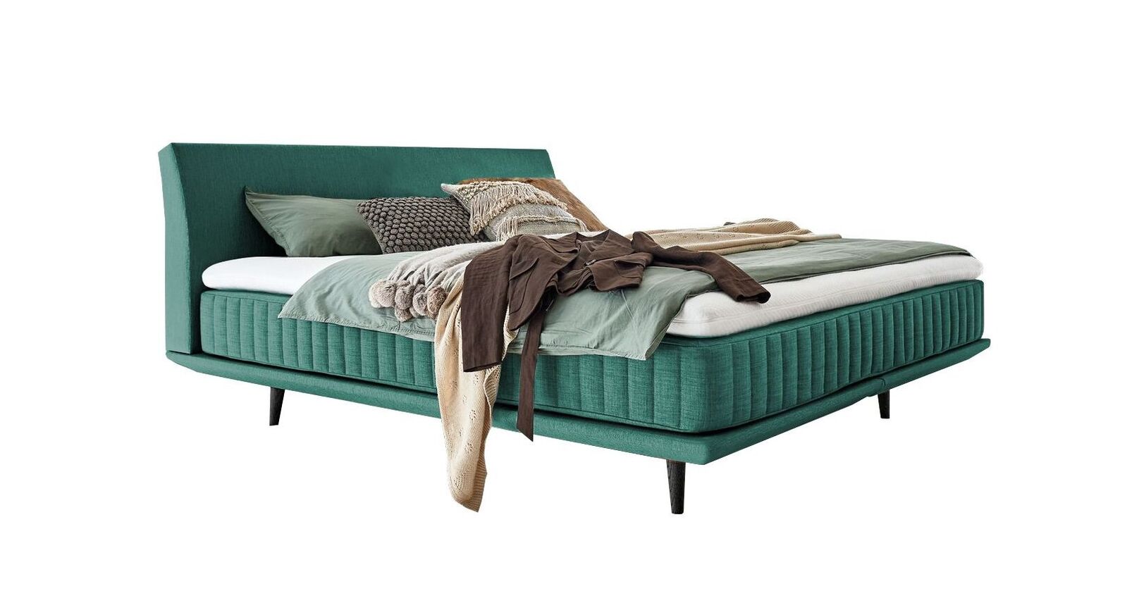 Das elegante Boxspringbett "Valtor" – hier mit einem Webstoffbezug in Türkis.
