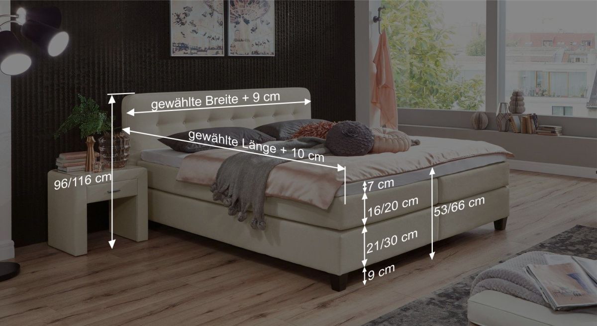 Dieser Grafik können Sie alle wichtigen Maßangaben des Bettmodells entnehmen.